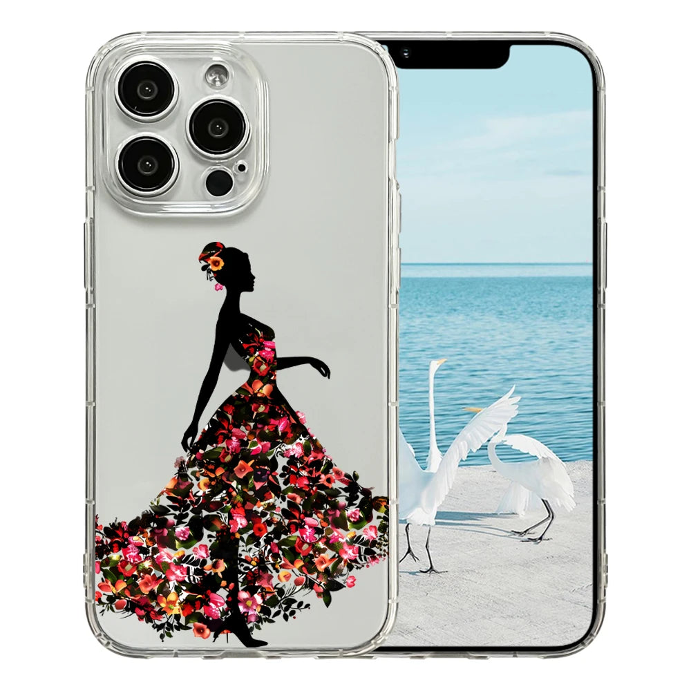 Women's Clear TPU Shockproof Luxury Cell Phone Case iPhone 17 Pro Max Floral Skirt Design Model 15 Pro Max Compatible