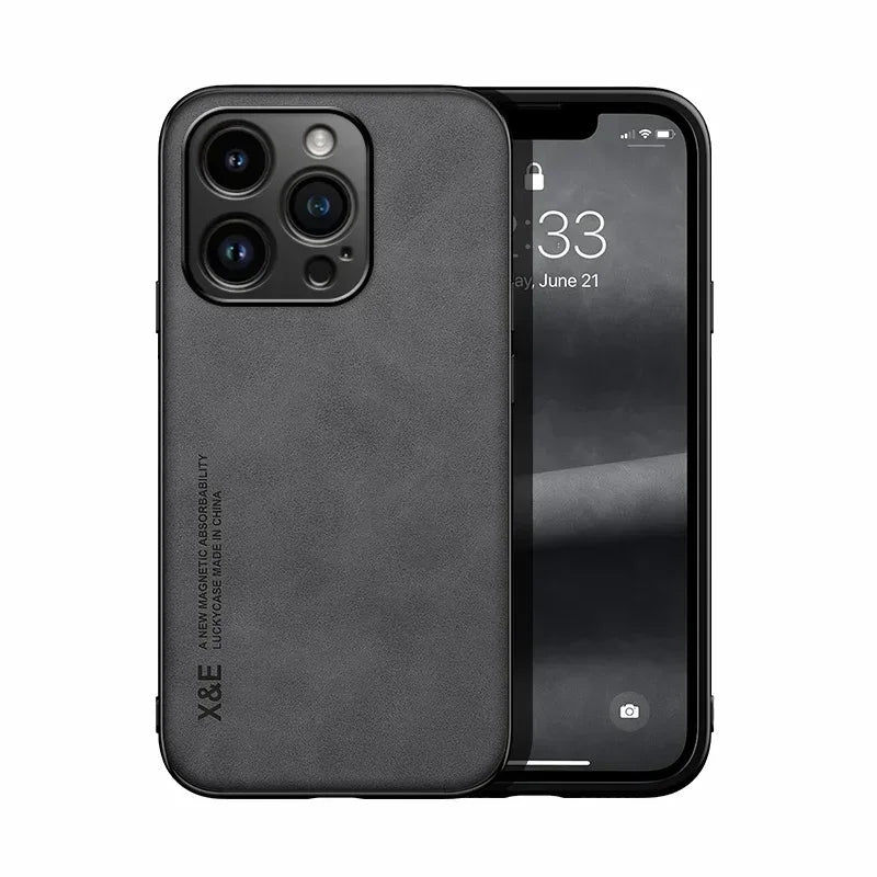 Luxury Leather Case For iPhone 17 16 16e 15 14 13 12 11 Pro Max Plus 12 13 Mini SE 8 7 Cover With Metal Plate Support Car Hold