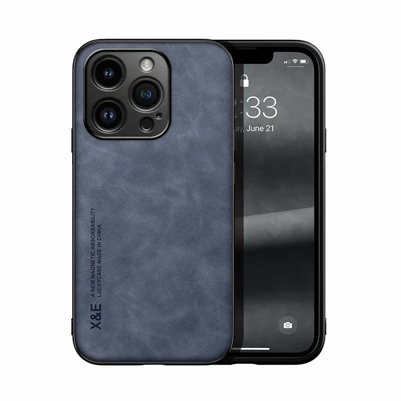 Luxury Leather Case For iPhone 17 16 16e 15 14 13 12 11 Pro Max Plus 12 13 Mini SE 8 7 Cover With Metal Plate Support Car Hold